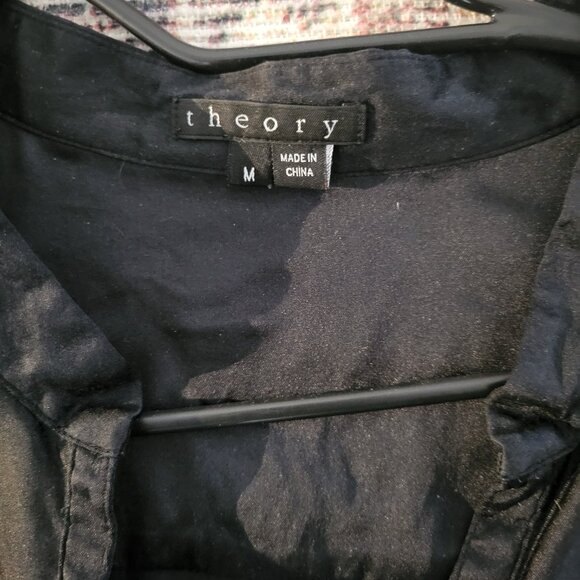 THEORY Silk Short Sleeve Blouse Black Ruffle neck M - Picture 4 of 7